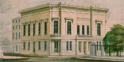 Banner Image: Perspective rendering of a design for the Athenaeum at the corner of 6th and Walnut Sts.  Competition entry by John Notman, 1840.