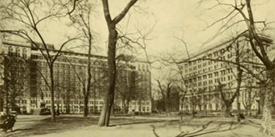 Banner Image: Curtis and Penn Mutual Buildings as seen from Washington Square.  AIA/T-Square Club Yearbook , 1916.