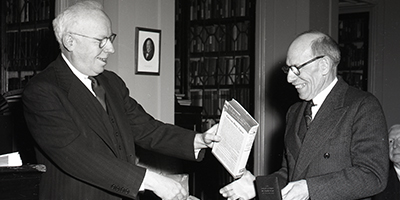 Banner Image: Lawrence Henry Gipson receives the 1953 Literary Award for The Great War for the Empire 1760-1763, vol. 8, The Culmination, 1760-1763.