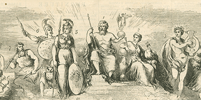 Banner Image: Detail from "Gods and Goddesses of the Grecian Mythology" by N.J. Baker. (Athena is third from left). From Ballou's Pictorial Drawing Room Companion, 1855.