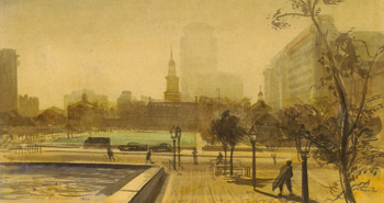 Independence Mall.  Watercolor by Luciano Guarnieri, c. 1960