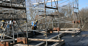 Banner Image: Roof rigging for south wall stabilization. 3-31-2010. Photo by Bruce Laverty.