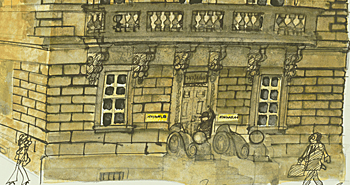 Banner Image: Detail of a watercolor of the Athenaeum by Paul Hogarth, c. 1976.